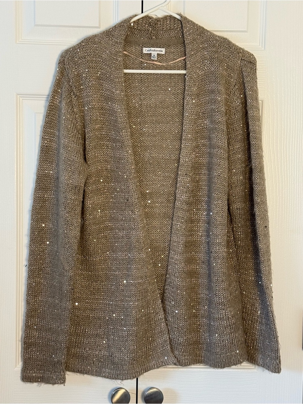 croft & barrow taupe knit open-front cardigan with subtle sequins